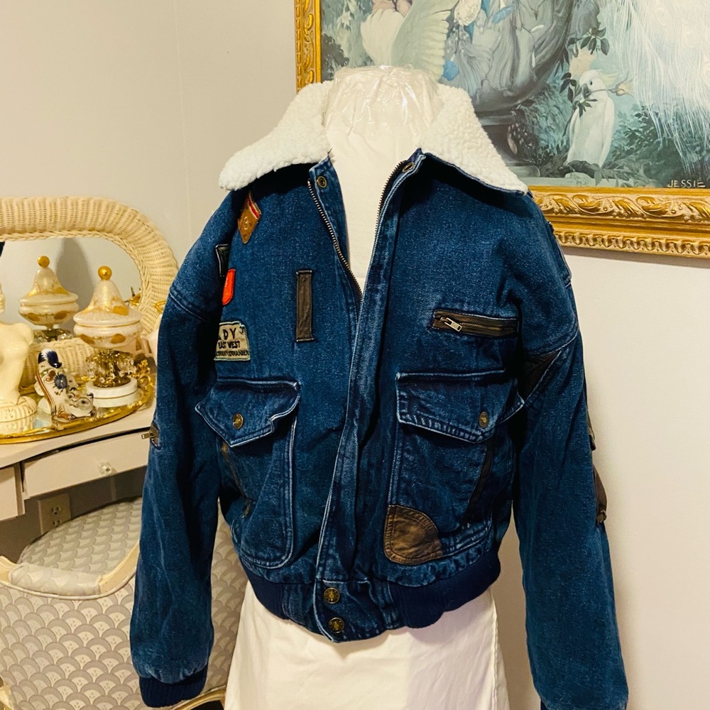 Vintage 80s East West Denim Bomber Aviation Jacket Community Commander